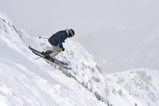 Bode Miller on Peak Skis in Big Sky, Mont.; (photo/Kelly Gorham)