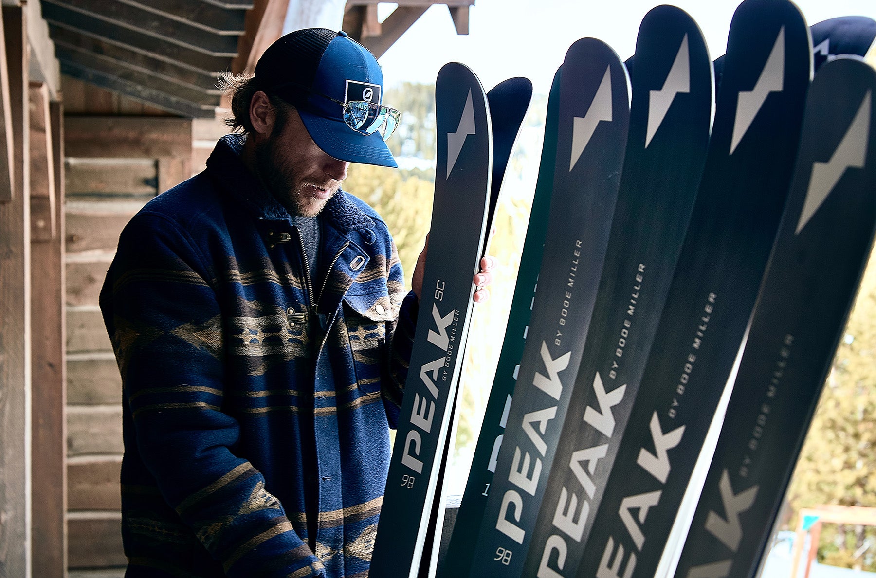 Bode Miller with the Peak Ski Company lineup