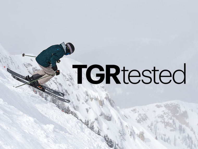 Bode Miller on Peak Skis in Big Sky, Mont., Text overlayed "TGR Tested"
